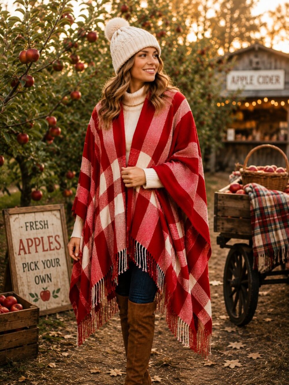 Moss Rose Travel Shawl Wrap Red Plaid Fringe Open Front Cape Poncho - Picture 4 of 4